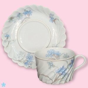 Haviland Limoges Teacup & Saucer Set Bergere Blue Flowers Scallop Edge France